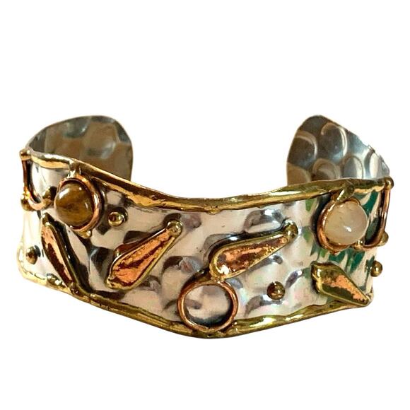 Vintage Hand Crafted Cuff Bracelet Hammered Silver Tone Cabochons Enamel Copper - Picture 1 of 10